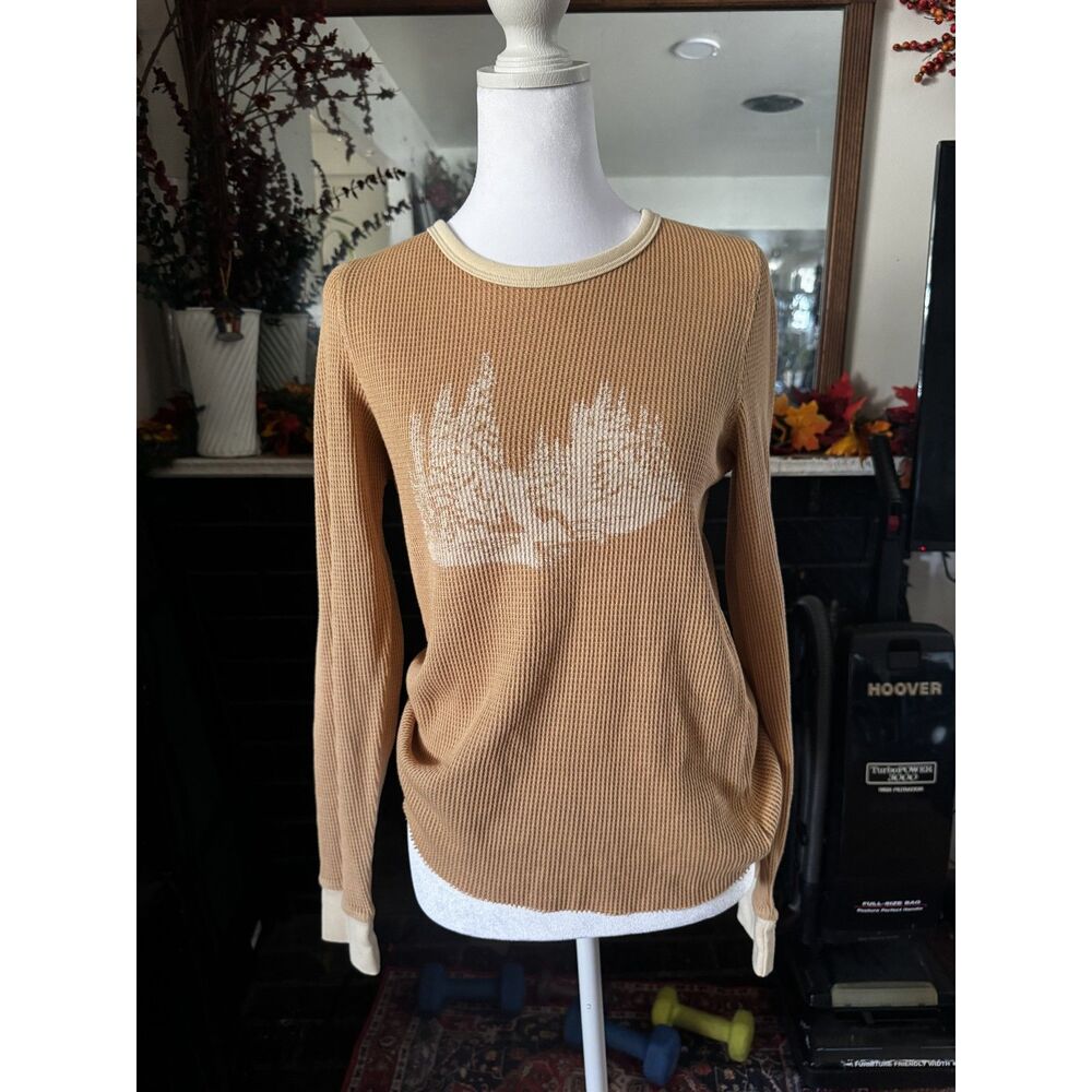 American Eagle Womens M Waffle Thermal Shirt Eagle Graphic Long Sleeve Tan